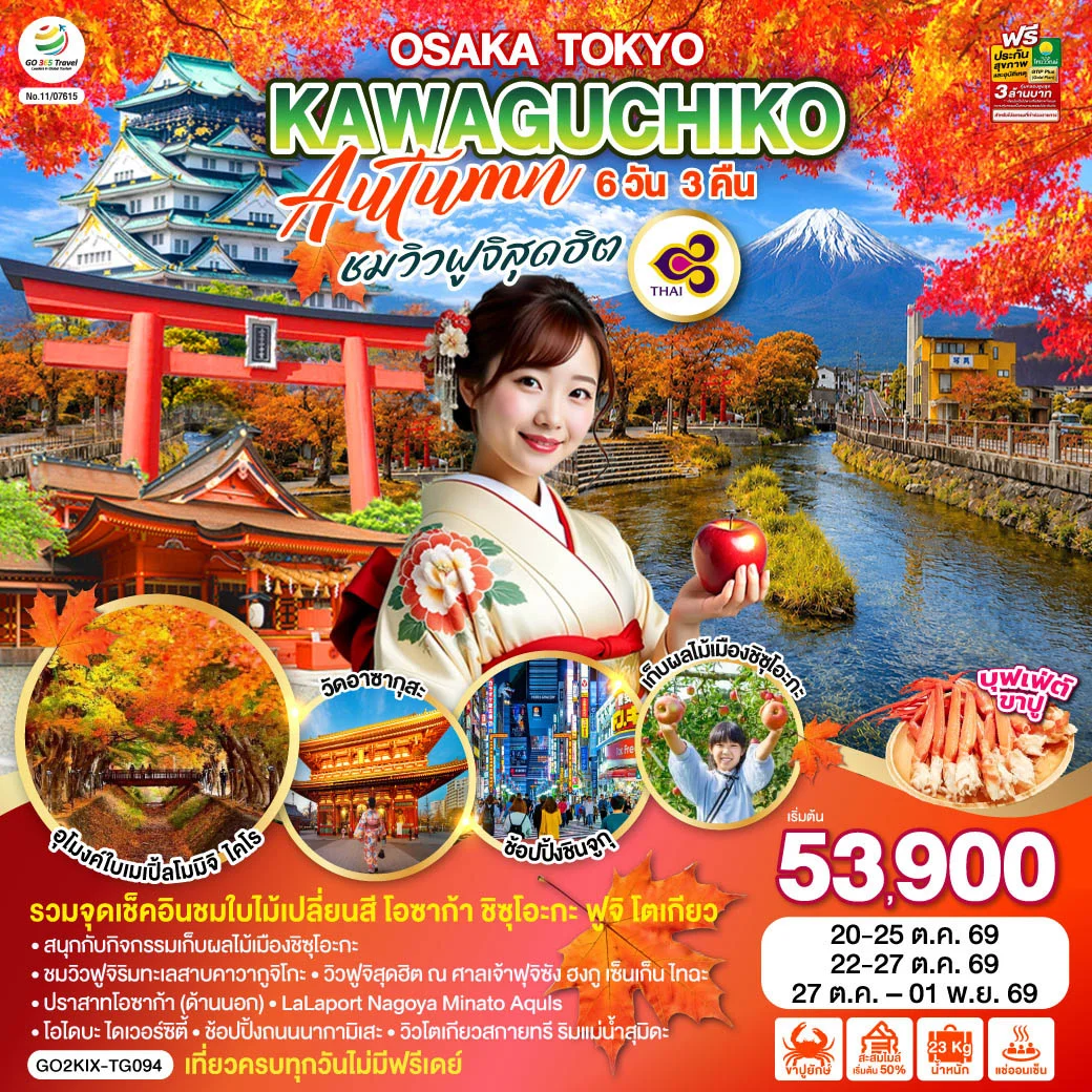 ทัวร์ญี่ปุ่น OSAKA TOKYO KAWAGUCHIKO AUTUMN ชมวิวฟูจิสุดฮิต 6วัน 3คืน (TG)