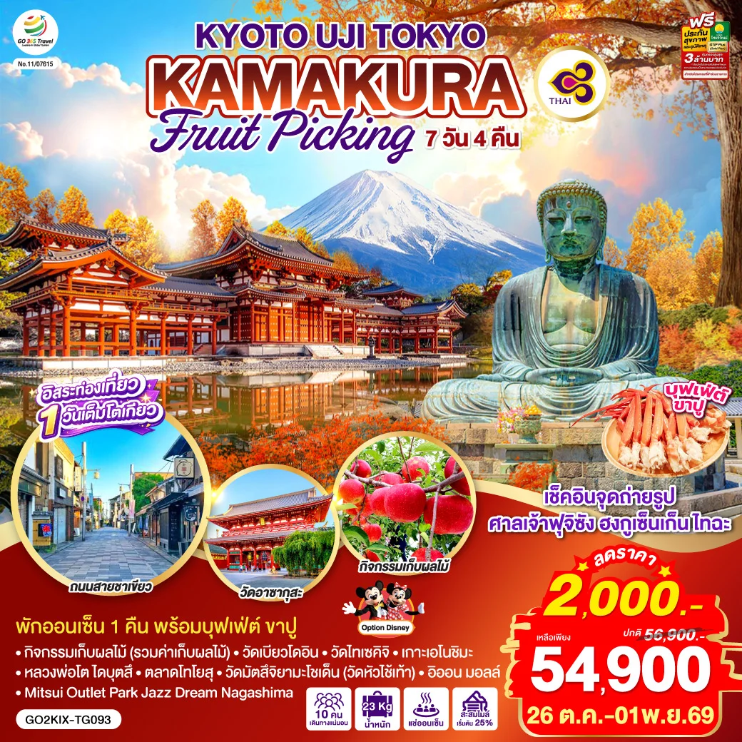 ทัวร์ญี่ปุ่น KYOTO UJI TOKYO KAMAKURA FRUIT PICKING 7วัน 4คืน (TG)